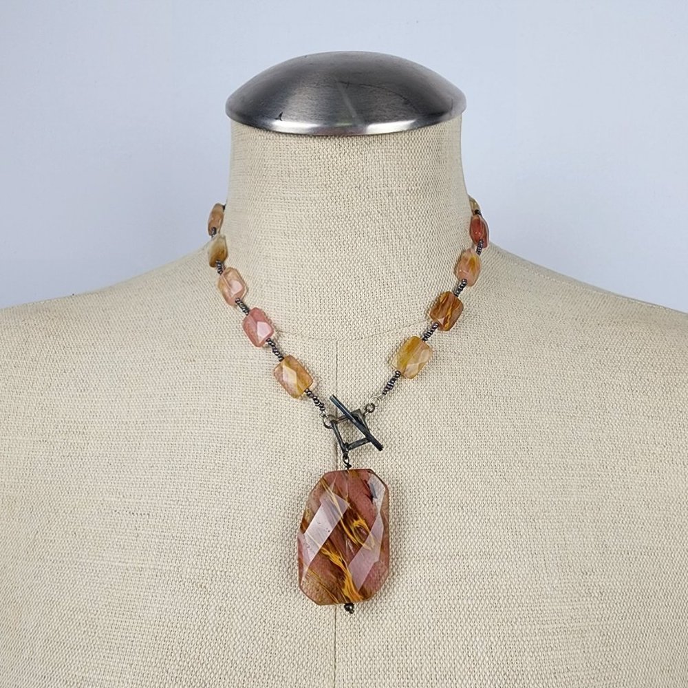 Polished Natural Stone 925 Sterling Toggle Necklace Earring Set